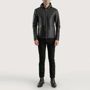 Close-Up Detail of Hooded &amp; Zipper Hardware on Men's Andy Matte Svart Hooded Skinnjakke for Herre