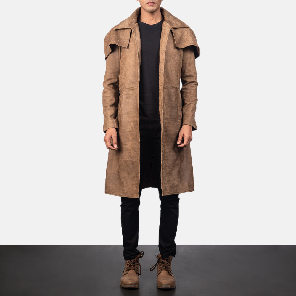 
Army Brown Leather Duster in Distressed Brown Sheepskin Snuffed - Front Profile View & Tailored Silhouette | Buy Online