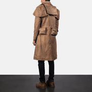 
Army Brown Leather Duster - Lateral Side Profile View Showing Sleeve Cut & Athletic Taper Fit