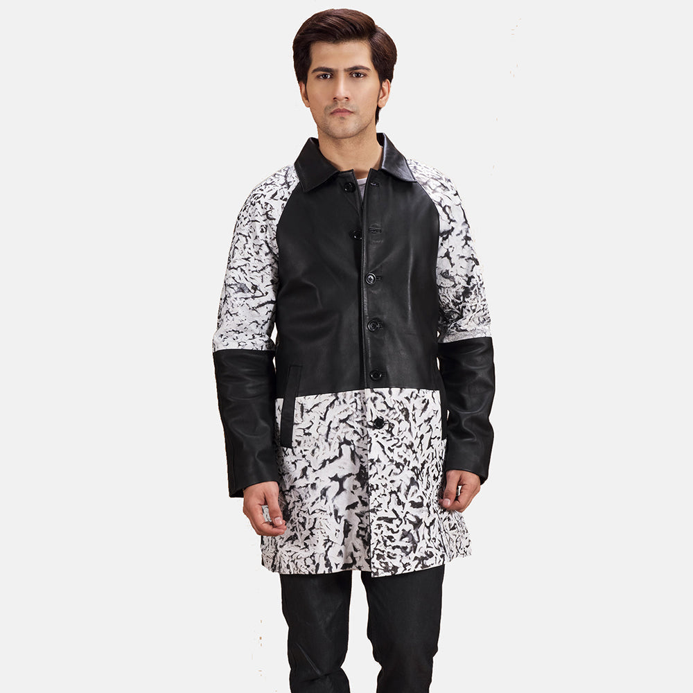 
Artistry Black Dye Leather Coat in Black & White Sheepskin Dip &Amp; Dye - Front Profile View & Tailored Silhouette | Buy Online
