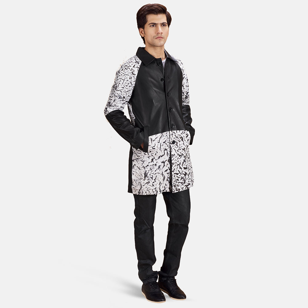 
Artistry Black Dye Leather Coat - Lateral Side Profile View Showing Sleeve Cut & Athletic Taper Fit