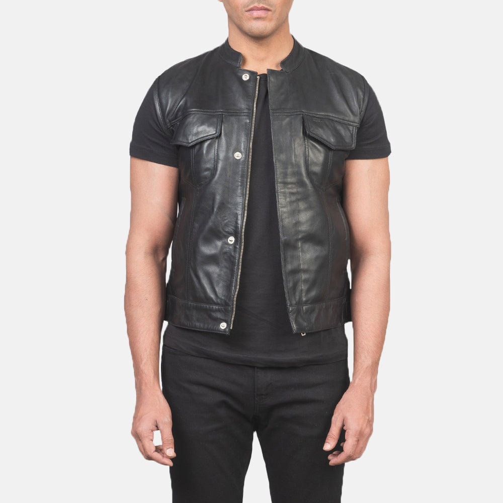 
Atlas Moto Black Leather Vest in Black Sheepskin Leather - Front Profile View & Tailored Silhouette | Buy Online
