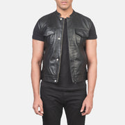 
Atlas Moto Black Leather Vest in Black Sheepskin Leather - Front Profile View & Tailored Silhouette | Buy Online