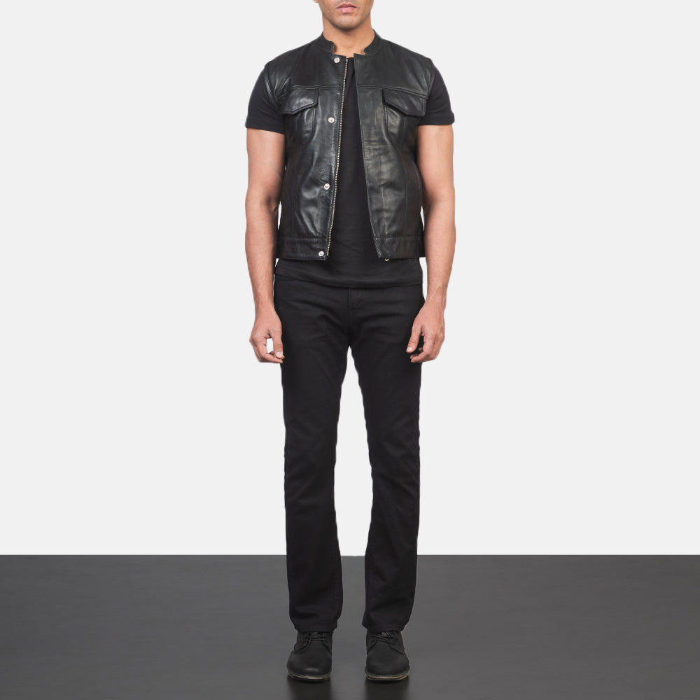 
Atlas Moto Black Leather Vest - Lateral Side Profile View Showing Sleeve Cut & Athletic Taper Fit