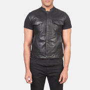 
Close-Up Detail of Band & Zipper with Button Flap Hardware on Atlas Moto Black Leather Vest