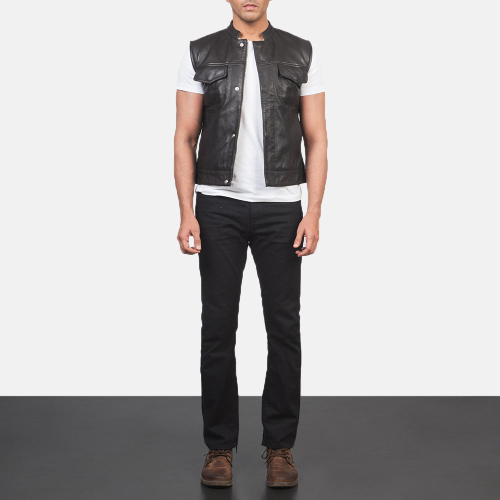 
Atlas Moto Brown Leather Vest - Lateral Side Profile View Showing Sleeve Cut & Athletic Taper Fit