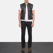 
Atlas Moto Brown Leather Vest - Lateral Side Profile View Showing Sleeve Cut & Athletic Taper Fit