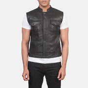 
Close-Up Detail of Band & Zipper with Button Flap Hardware on Atlas Moto Brown Leather Vest