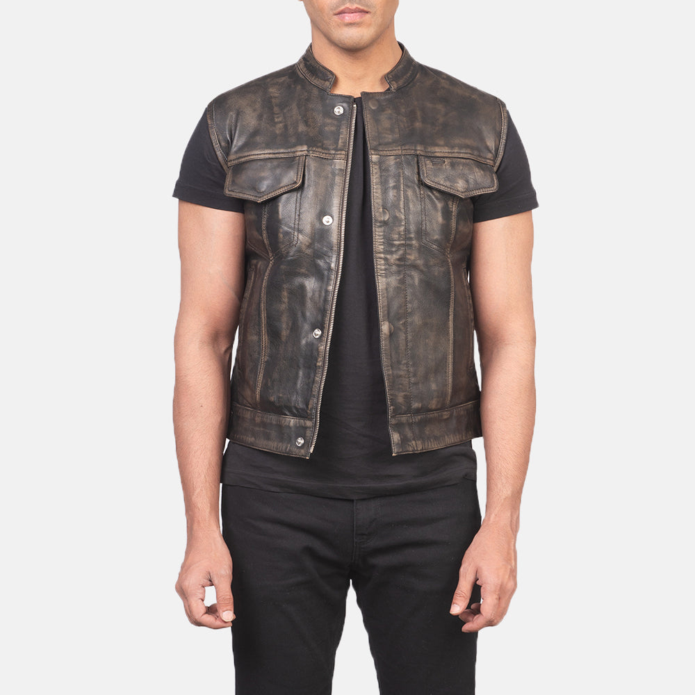 
Atlas Moto Distressed Brown Leather Vest in Distressed Brown Sheepskin Leather - Front Profile View & Tailored Silhouette | Buy Online