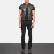 
Atlas Moto Distressed Brown Leather Vest - Lateral Side Profile View Showing Sleeve Cut & Athletic Taper Fit