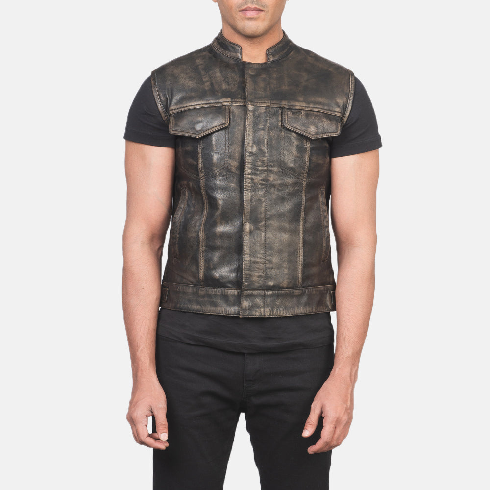 
Close-Up Detail of Band & Zipper with Button Flap Hardware on Atlas Moto Distressed Brown Leather Vest