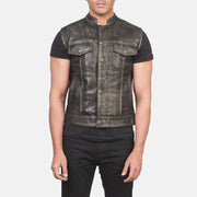 
Close-Up Detail of Band & Zipper with Button Flap Hardware on Atlas Moto Distressed Brown Leather Vest