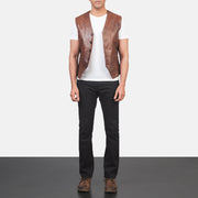 
Auden Brown Leather Vest - Lateral Side Profile View Showing Sleeve Cut & Athletic Taper Fit