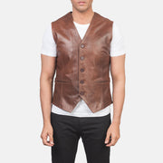 
Close-Up Detail of Classic Collar & 5 Button Hardware on Auden Brown Leather Vest