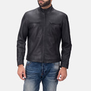 Austere Matte Svart Bikerjakke i Skinn for Herre in Black Calfskin Matte - Front Profile View &amp; Tailored Silhouette | Buy Online