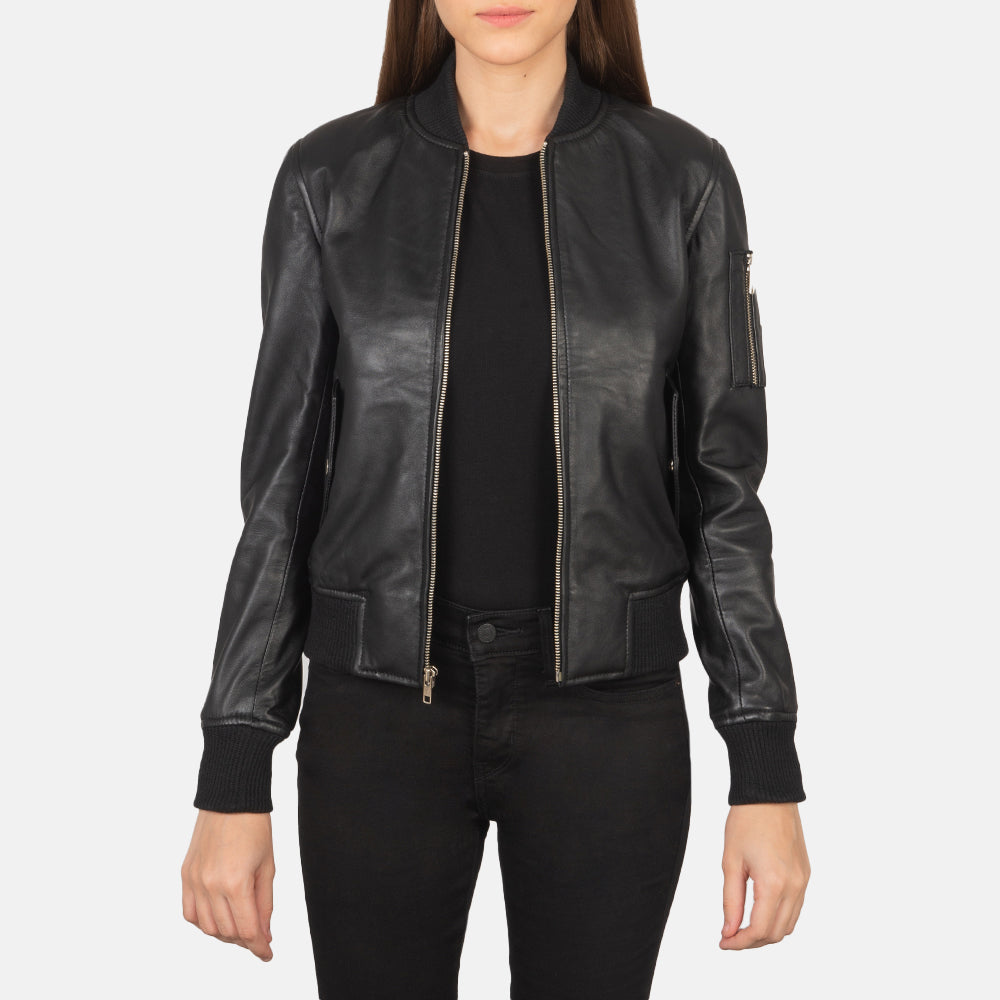 
Ava Ma-1 Black Leather Bomber Jacket in Black Sheepskin Leather - Front Profile View & Tailored Silhouette | Buy Online