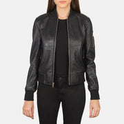 
Ava Ma-1 Black Leather Bomber Jacket in Black Sheepskin Leather - Front Profile View & Tailored Silhouette | Buy Online