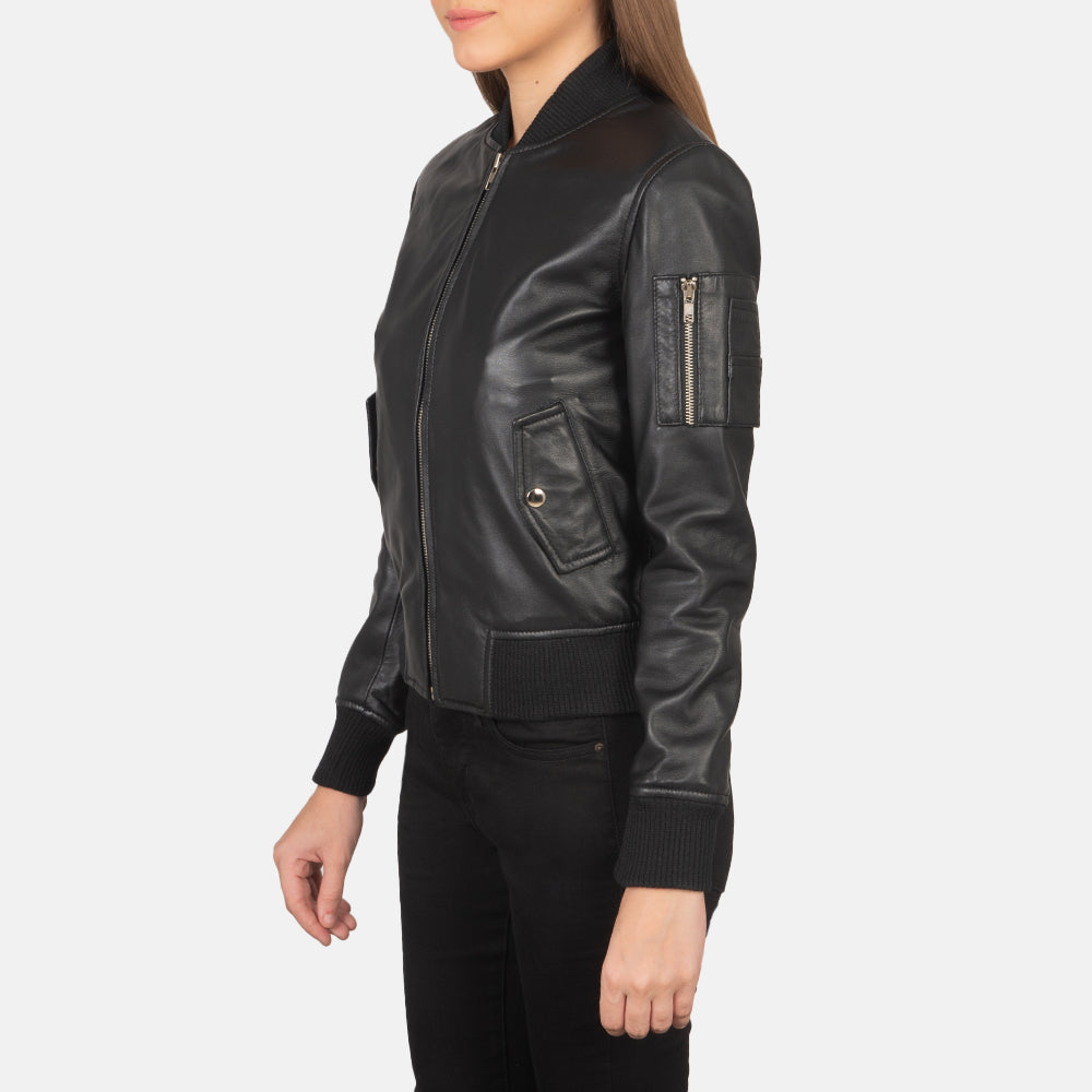 
Black Sheepskin Leather Bomber Jacket - Back View Showing Tailored Shoulder Fit & Clean Hemline