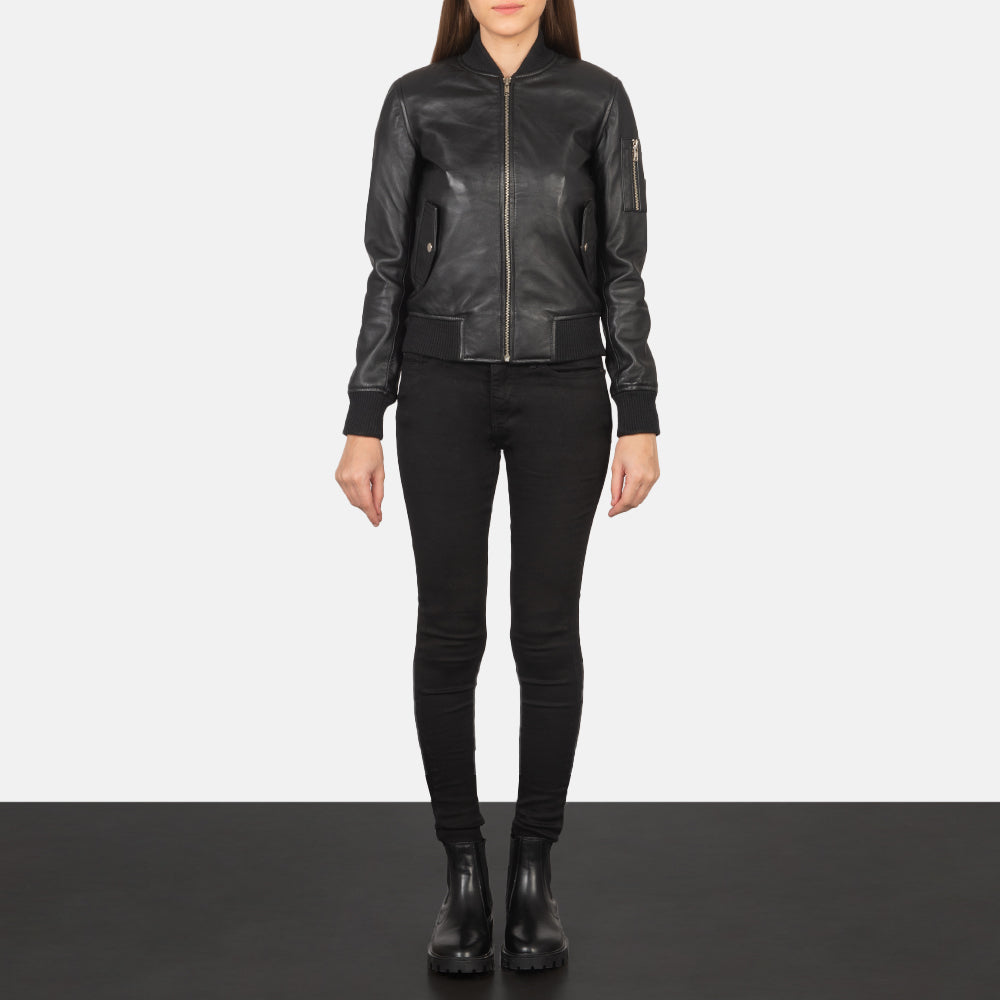 
Ava Ma-1 Black Leather Bomber Jacket - Lateral Side Profile View Showing Sleeve Cut & Athletic Taper Fit
