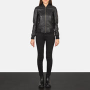 
Ava Ma-1 Black Leather Bomber Jacket - Lateral Side Profile View Showing Sleeve Cut & Athletic Taper Fit