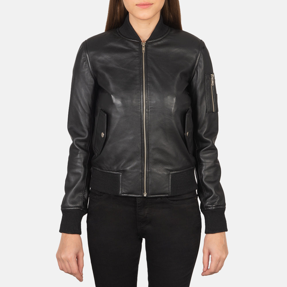 
Close-Up Detail of Rib Knit & Zipper Hardware on Ava Ma-1 Black Leather Bomber Jacket