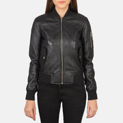 
Close-Up Detail of Rib Knit & Zipper Hardware on Ava Ma-1 Black Leather Bomber Jacket