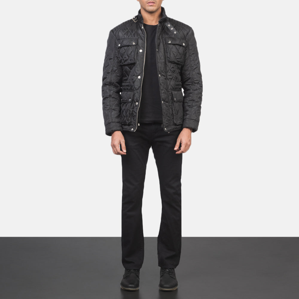 Men's Barry Quilted Svart Windbreaker Skinnjakke for Herre - Lateral Side Profile View Showing Sleeve Cut &amp; Athletic Taper Fit