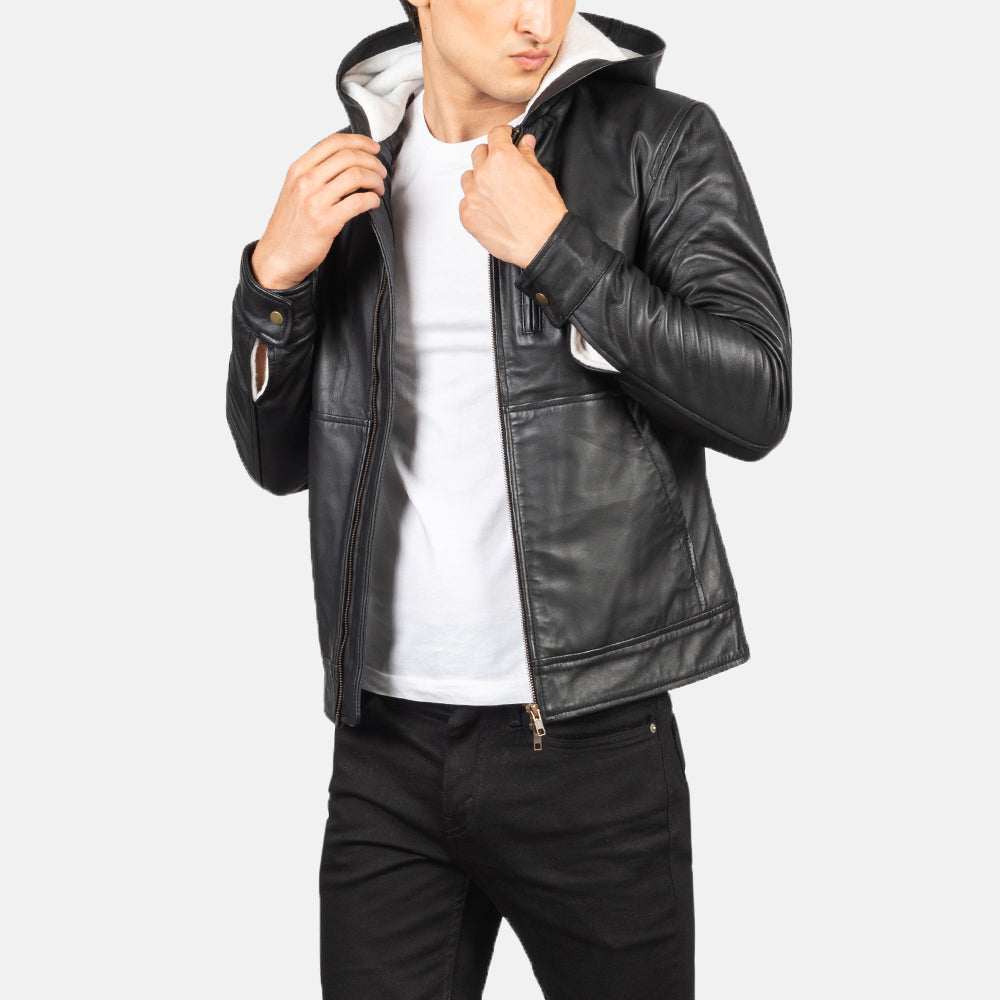 
Baston Black Hooded Leather Bomber Jacket in Black Sheepskin Leather - Front Profile View & Tailored Silhouette | Buy Online