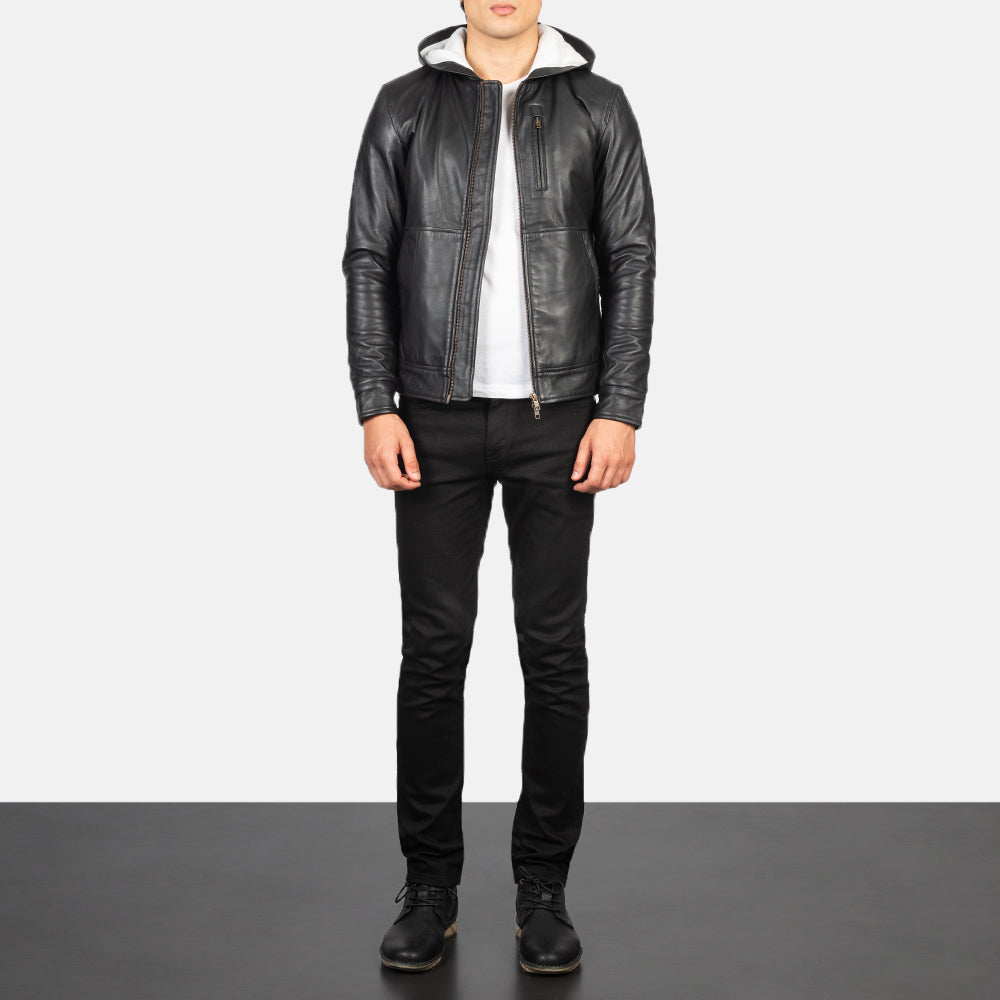 
Baston Black Hooded Leather Bomber Jacket - Lateral Side Profile View Showing Sleeve Cut & Athletic Taper Fit