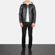 
Baston Black Hooded Leather Bomber Jacket - Lateral Side Profile View Showing Sleeve Cut & Athletic Taper Fit