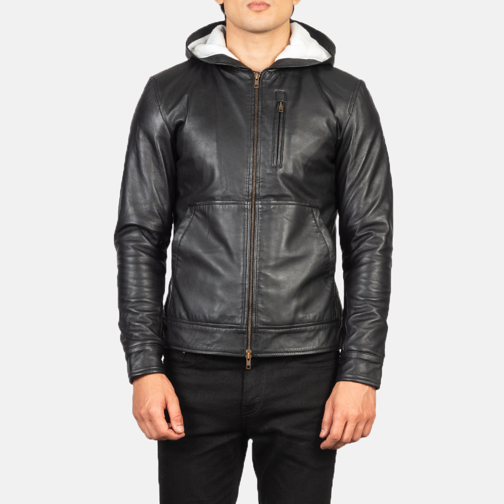 
Close-Up Detail of Hooded & Zipper Hardware on Baston Black Hooded Leather Bomber Jacket