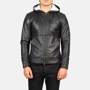 
Close-Up Detail of Hooded & Zipper Hardware on Baston Black Hooded Leather Bomber Jacket