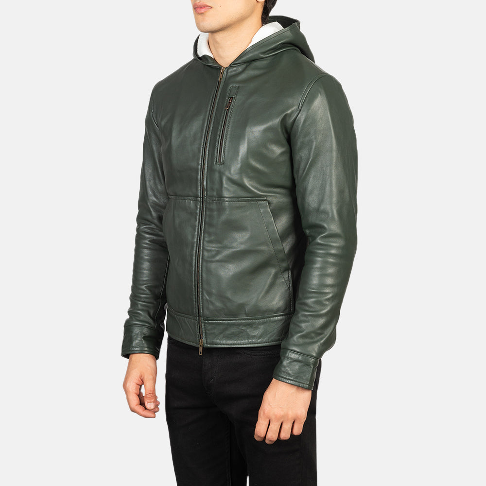 
Styled Fit Perspective of Baston Black Hooded Leather Bomber Jacket on Model - Natural Daylight Drape