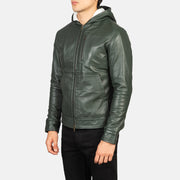 
Styled Fit Perspective of Baston Black Hooded Leather Bomber Jacket on Model - Natural Daylight Drape