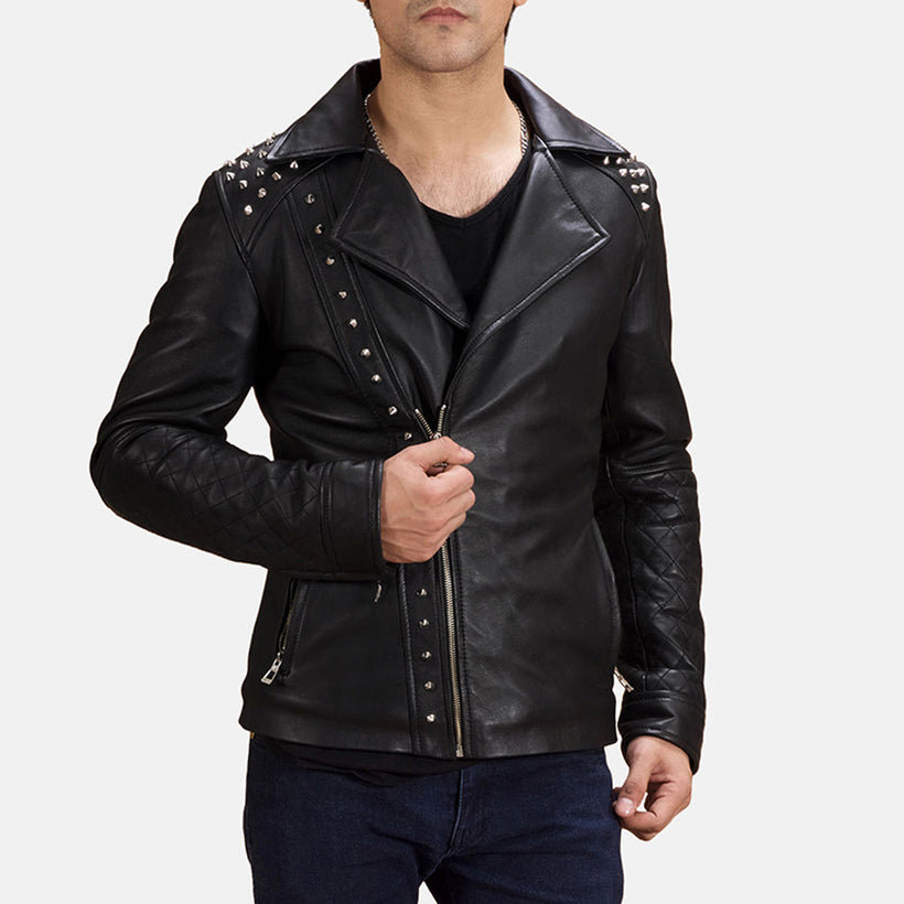 Svart Studded Bikerjakke i Skinn for Herre