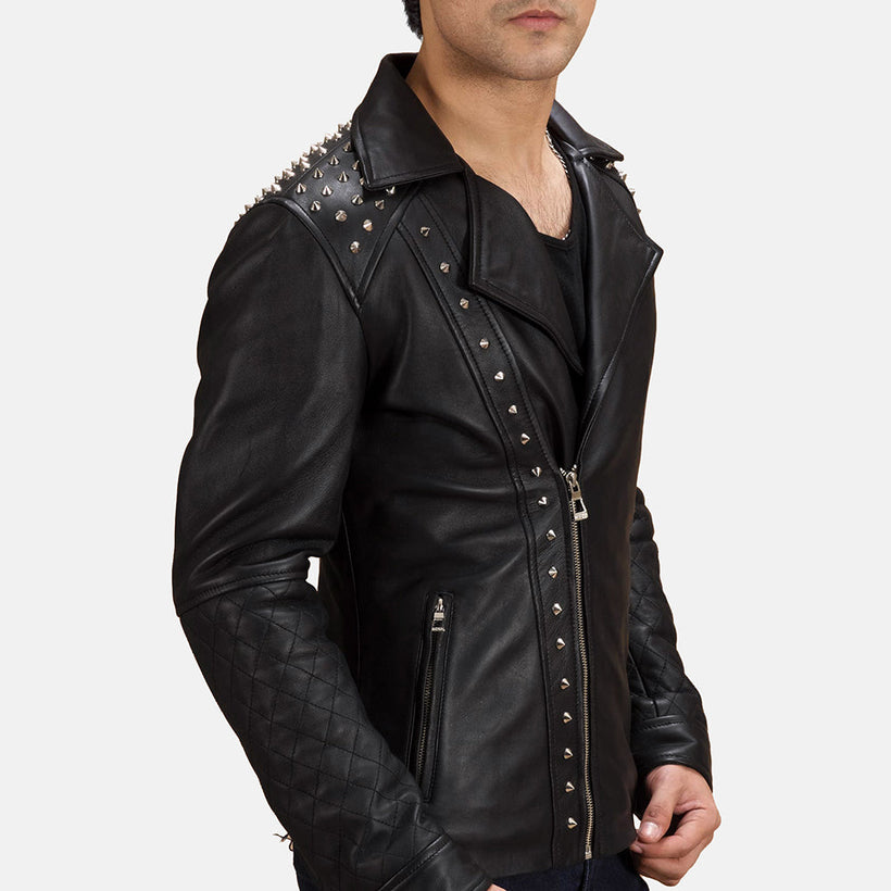 Svart Studded Bikerjakke i Skinn for Herre