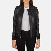 Women's Bliss Svart Bomberjakke i Skinn for Kvinner in Black Sheepskin Leather - Front Profile View &amp; Tailored Silhouette | Buy Online