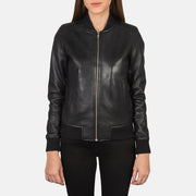 Close-Up Detail of Varsity - Rib Knit &amp; Zipper with Wind Flap Hardware on Women's Bliss Svart Bomberjakke i Skinn for Kvinner