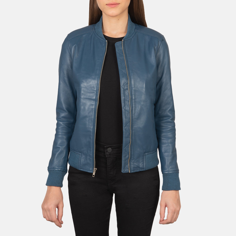 Women's Bliss Blue Bomberjakke i Skinn for Kvinner in Blue Sheepskin Leather - Front Profile View &amp; Tailored Silhouette | Buy Online
