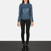 Women's Bliss Blue Bomberjakke i Skinn for Kvinner - Lateral Side Profile View Showing Sleeve Cut &amp; Athletic Taper Fit