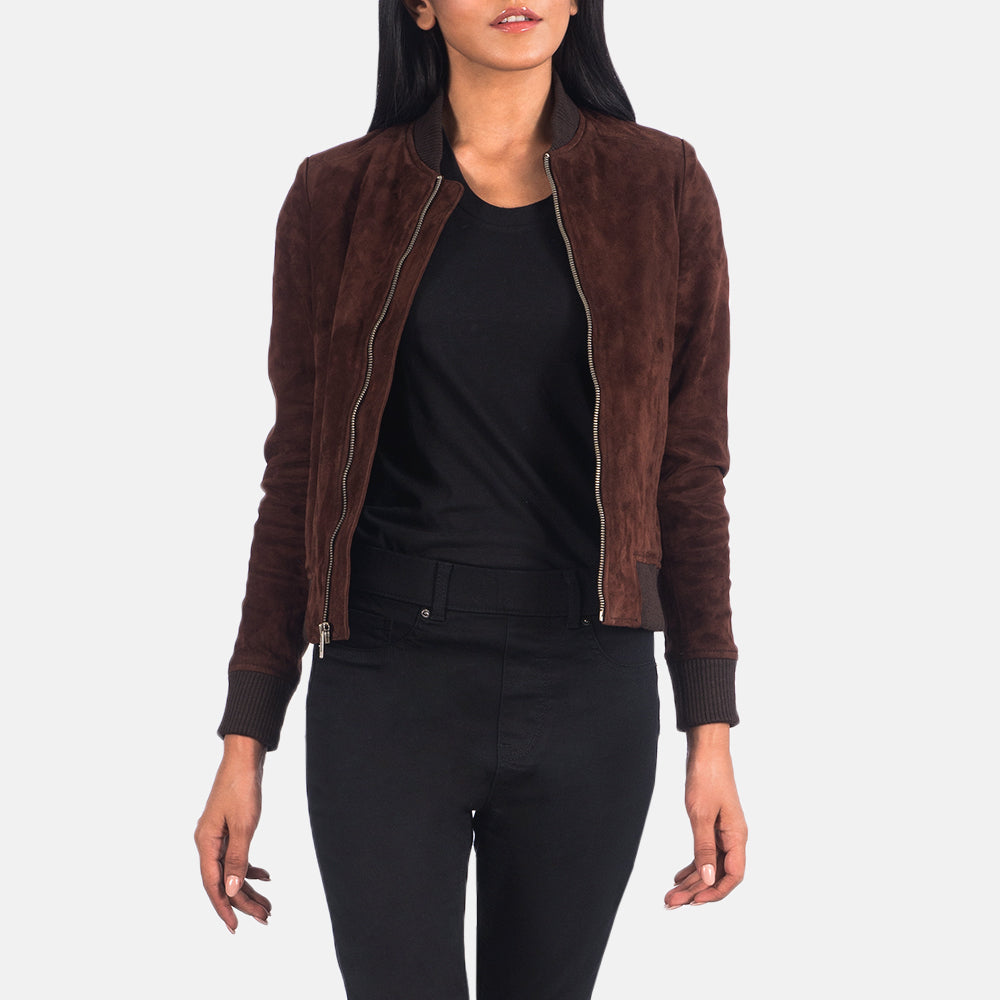 Women's Bliss Brun Suede Bomberjakke i Skinn for Kvinner in Brown Goatskin Suede - Front Profile View &amp; Tailored Silhouette | Buy Online