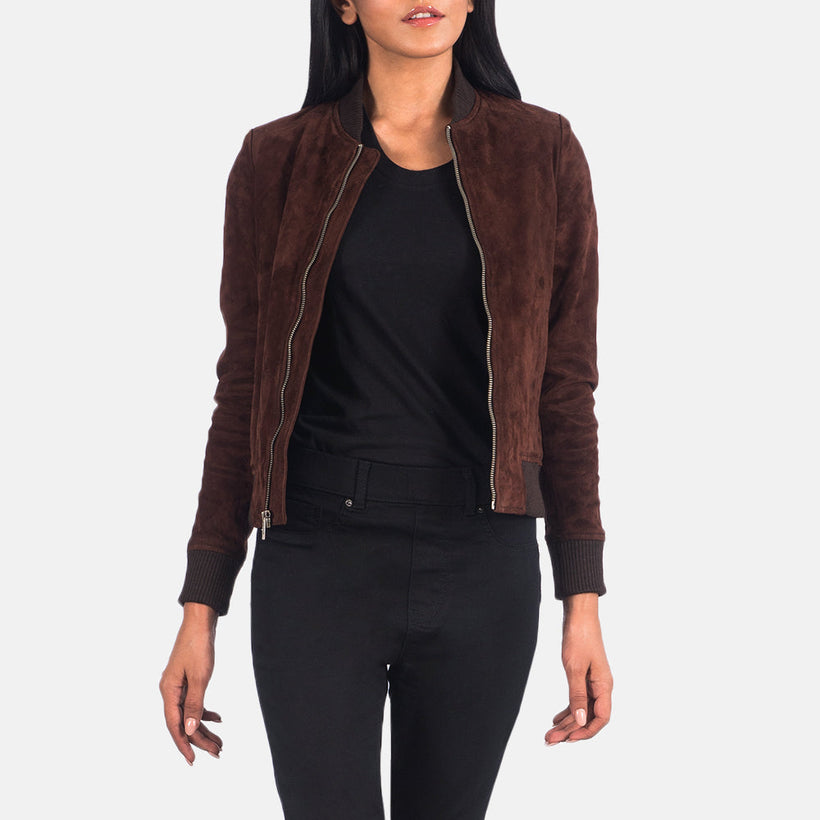 Bliss Brun Suede Bomberjakke i Skinn for Kvinner