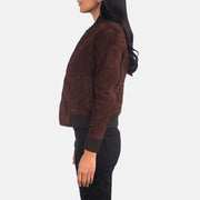 Brown Goatskin Suede Bomber Jacket - Back View Showing Tailored Shoulder Fit &amp; Clean Hemline