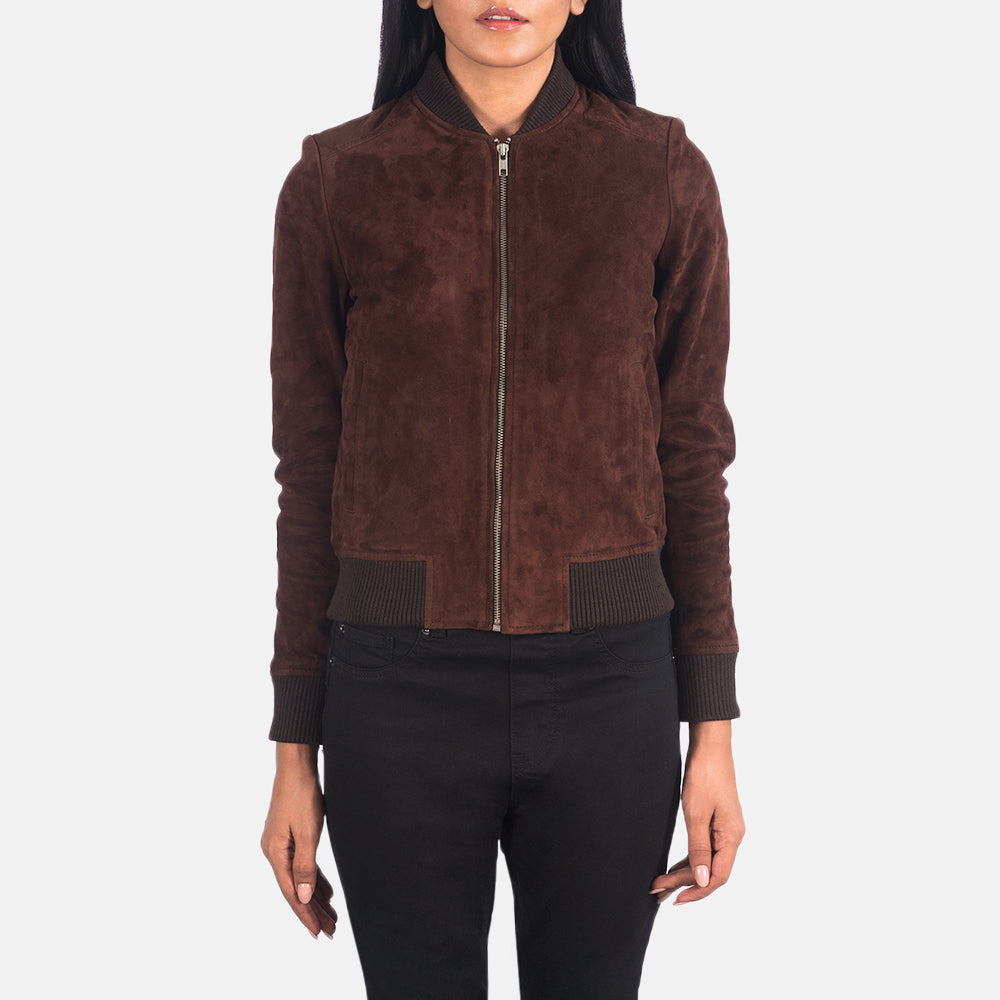 Close-Up Detail of Varsity - Rib Knit &amp; Zipper with Wind Flap Hardware on Women's Bliss Brun Suede Bomberjakke i Skinn for Kvinner