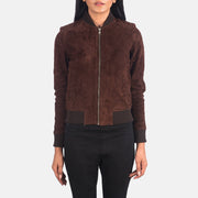 Close-Up Detail of Varsity - Rib Knit &amp; Zipper with Wind Flap Hardware on Women's Bliss Brun Suede Bomberjakke i Skinn for Kvinner