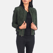 Women's Bliss Green Suede Bomberjakke i Skinn for Kvinner in Green Goatskin Suede - Front Profile View &amp; Tailored Silhouette | Buy Online