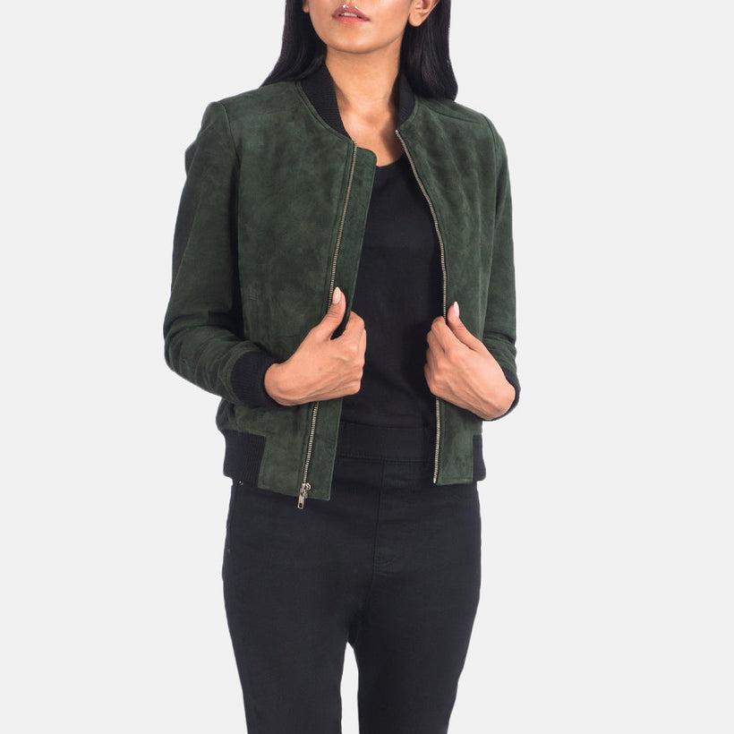 Bliss Green Suede Bomberjakke i Skinn for Kvinner