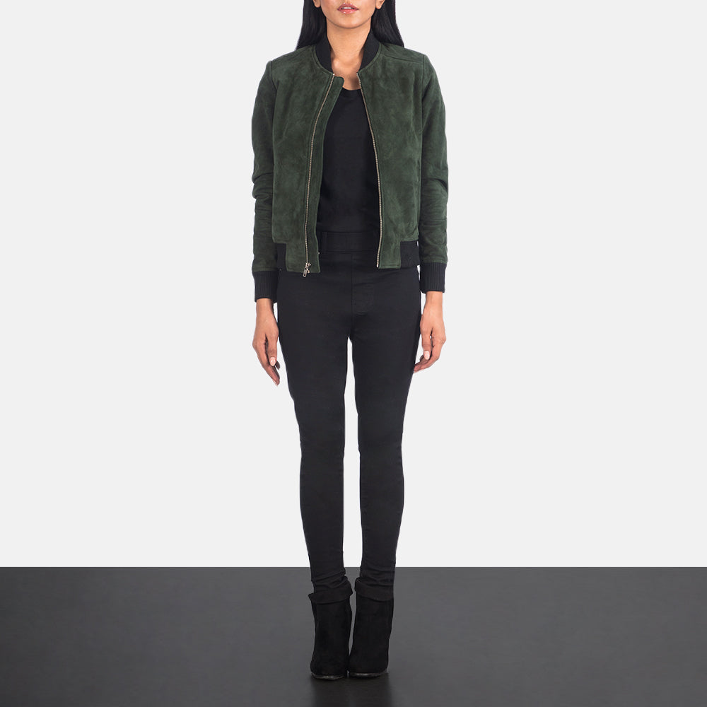 Women's Bliss Green Suede Bomberjakke i Skinn for Kvinner - Lateral Side Profile View Showing Sleeve Cut &amp; Athletic Taper Fit