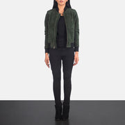 Women's Bliss Green Suede Bomberjakke i Skinn for Kvinner - Lateral Side Profile View Showing Sleeve Cut &amp; Athletic Taper Fit