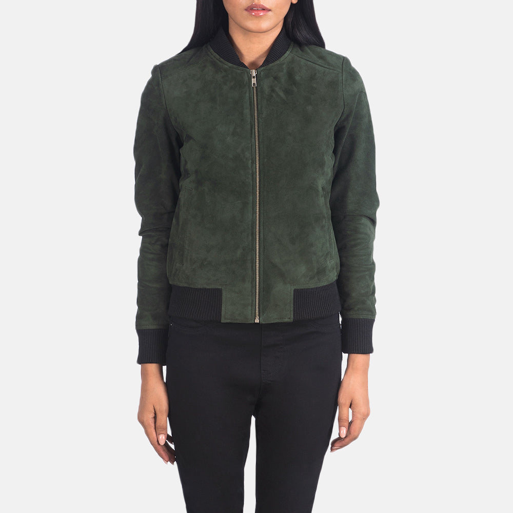 Close-Up Detail of Varsity - Rib Knit &amp; Zipper with Wind Flap Hardware on Women's Bliss Green Suede Bomberjakke i Skinn for Kvinner